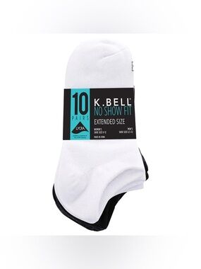K. Bell - Unisex 10-pairs No Show Extended Size Sock
